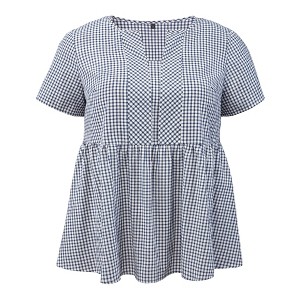 Women's Plus Size 100% Cotton Gingham Notch Neck Short Sleeve Flowy Casual Summer Babydoll Blouses - GRACE & GRANDEUR - 1 of 4