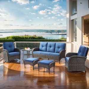 Outdoor 3-Seat Sofa Swivel Chair Table with Ottomans - 1 of 4