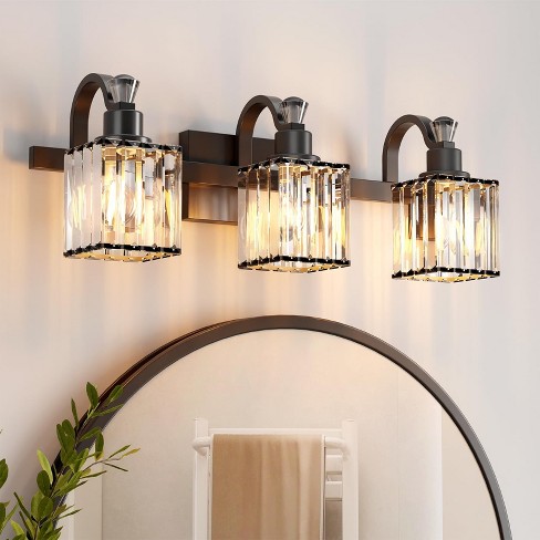 3 Light Wall Sconce Bathroom deals Makeup Light Vanity Matte Black Clear Crystal Shade