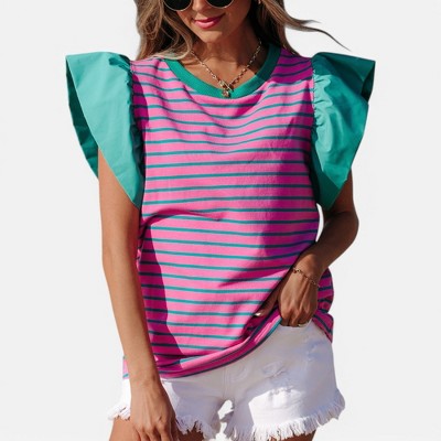 Amaryllis Women's Striped Ruffle Sleeve Top Playful Casual Statement Tee Relaxed Fit