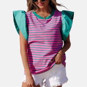 Amaryllis Women's Striped Ruffle Sleeve Top Playful Casual Statement Tee Relaxed Fit - 1 of 4