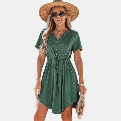 Women's V-Neck Front Button Jersey Dress -Cupshe