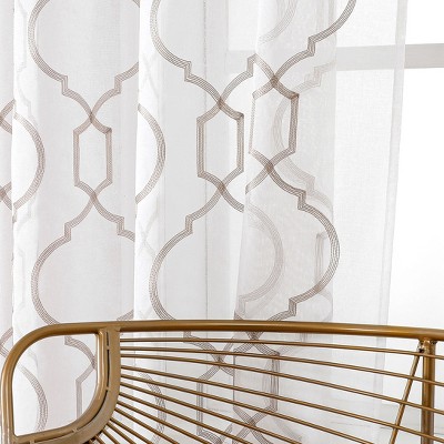Linen Sheer Embroidered Trellis Grommet Top Curtain Panel