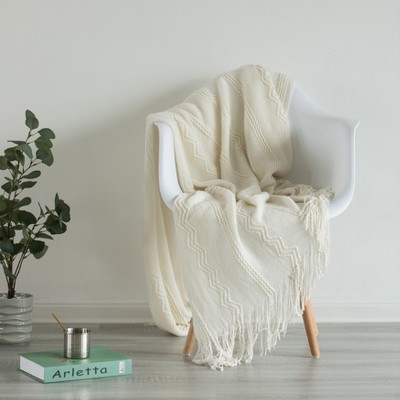 Cream Knitted Zigzag Pattern Throw Blanket with Fringe Edges