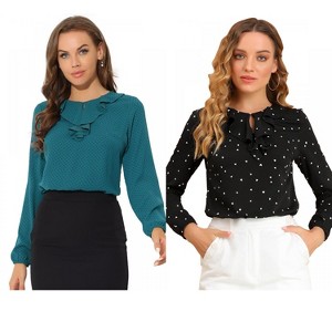 Allegra K Women's 2 Packs 1950s Vintage Ruffle Neck Long Sleeve Dots Chiffon Blouse X-Large Peacock Blue-Dots - 1 of 4