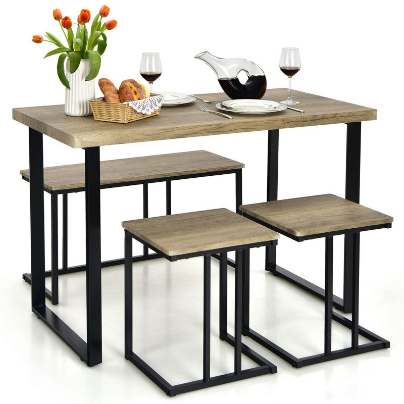 Costway 4-Piece Dining Table Set Industrial Dinette Set Kitchen Table w/Bench & 2 Stools, 1 of 11