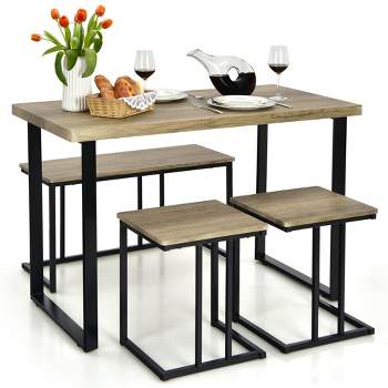 Costway 4-Piece Dining Table Set Industrial Dinette Set Kitchen Table w/Bench & 2 Stools