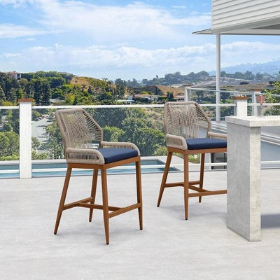 PURPLE LEAF Patio Sunbrella Bar Stools Set of 2 Handwoven Wicker Bar Height Stool Modern Aluminum Outdoor Wicker Barstools with Back and Cushion