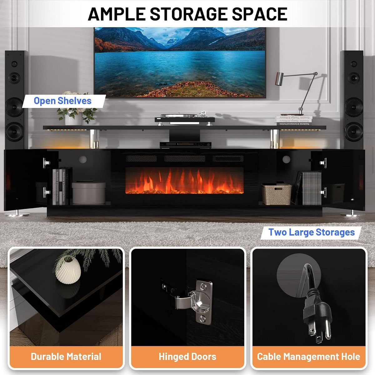 Garvee 80" TV Stand with 36" Elec. Fireplace, 12 Flame, 1500W, for 90" TVs - thumbnail 5