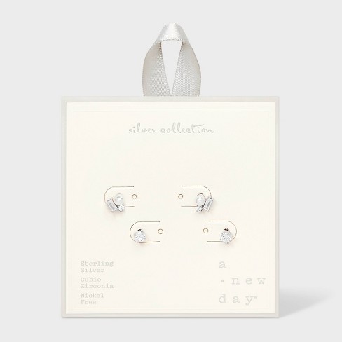 Sterling Silver Cubic Zirconia Quad Multi Size Stud Earring Set 4pc - A New  Day™ Clear : Target