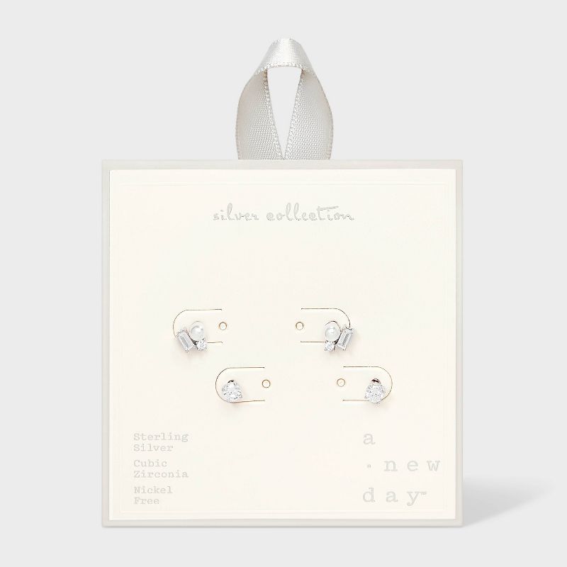 Sterling Silver Cluster Pearl CZ and CZ Stud Earrings 2pc - A New Day&#8482; Silver, 1 of 3