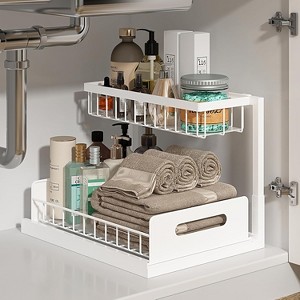 Attop Pull Out Cabinet Organizer 2 Tier Slide Out Sink Shelf  Under Sink Storage for Kitchen Bathroom Cabinet, White, 1 Pack - 1 of 4