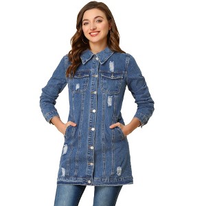 Allegra K Women's Distressed Long Sleeve Ripped Casual Denim Jacket - 1 of 4