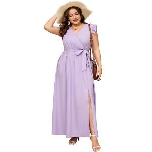 Plus Size Women's Flowy Ankle-Length Dress - wrap V-Neck, Flutter Sleeves and Side Slit with Waist Tie - 1 of 4