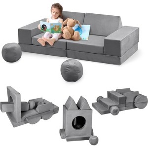 12 Pcs Modular Kids Play Couch, Fold Out Toddler Couch with 2 Balls and Tunnel, Soft Foam Convertible Kids Sofa for Playroom, Child Sectional Sofa - 1 of 4