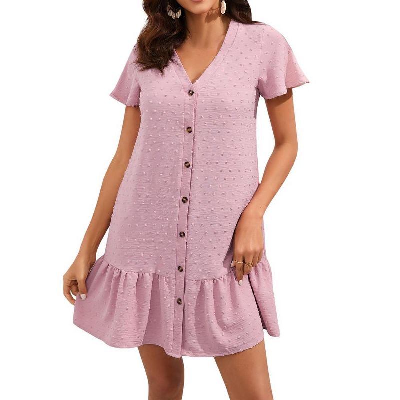 Womens Ruffled Hem Button Down Dress with Flared Sleeve Summer Short Sleeve Tunnic Dress Swiss Dot Mini Dress, 1 of 7