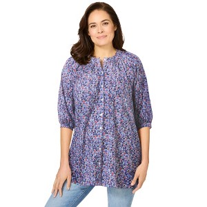Woman Within Plus Size A-Line Three-Quarter Sleeve Half Placket Blouse - 1 of 3