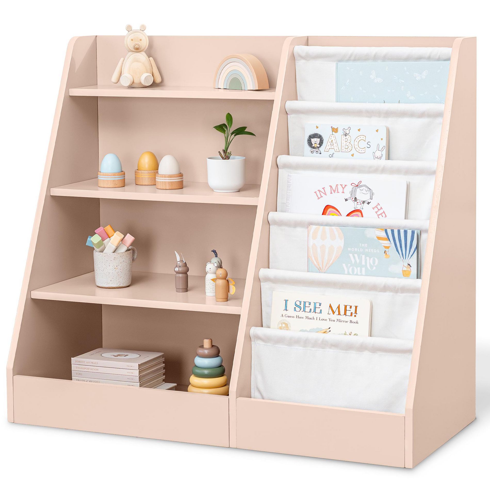 Comfy Cubs Kids Bookshelf 35.2 x 15.7 x 31.5 Inches - Sturdy Montessori Shelf with Soft & Hard Shelves