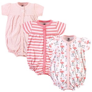 Hudson Baby Infant Girl Cotton Rompers 3pk, Coral Flamingo - 1 of 4