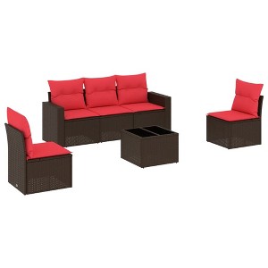 vidaXL 6 Piece Patio Sofa Set with Cushions Brown Poly Rattan - 1 of 4