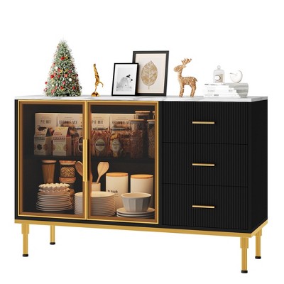 Fluted Sideboards Buffets Cabinet with Glass Doors, 3 Drawers, Marble Top Kitchen Sideboard Cabinet