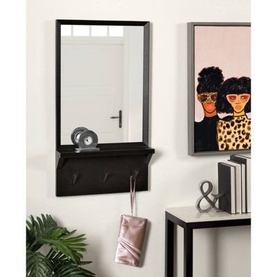 Black Rectangular Wood Wall Mirror with Pegs and Ledge
