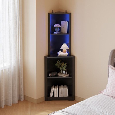 Karl Home Black Corner Shelf Storage Cabinet With USB Ports and LED Lightline