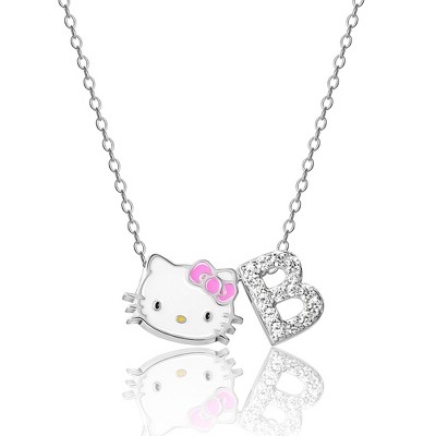 Hello Kitty Women's Enamel Hello Kitty and Sliding Pave Initial Necklace
