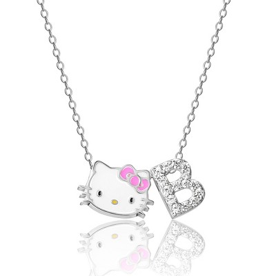 Hello Kitty Womens Silver Plated Clear Crystal Hello Kitty Pendant, 18