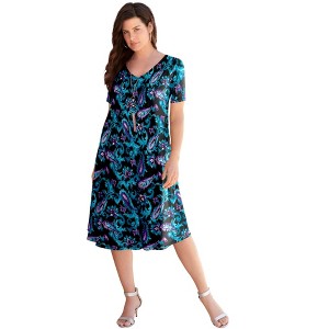 Roaman's Women's Plus Size Petite Ultrasmooth V Neck Swing Dress - 1 of 4