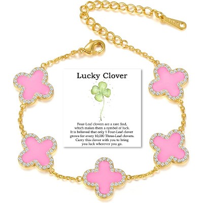 Qitian Clover Bracelet for Women 18K Gold Four Leaf Pink Lucky Link Clover Bracelets, Trendy Bracelets Set
