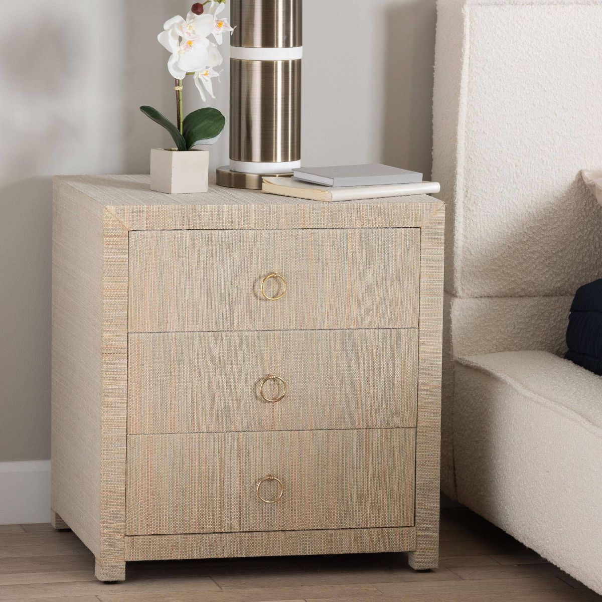 bali & pari Quinn Woven Grasscloth 3 Drawer Nightstand Natural/Gold - thumbnail 2