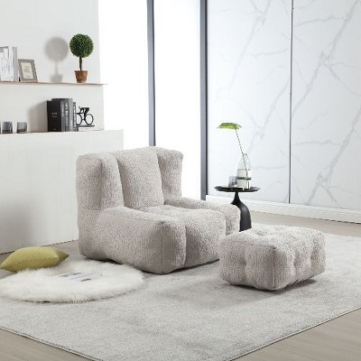 CAVINAS Fluffy Bean Bag Chair, Lazy Sofa Chair with Memory Foam and Ottoman, for Living Room, Bedroom, Apartment, Light Gray
