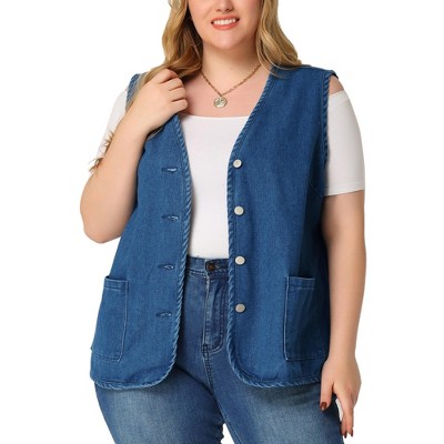 Agnes Orinda Women's Plus Size Sleeveless Denim Button Down V Neck Jean Vest