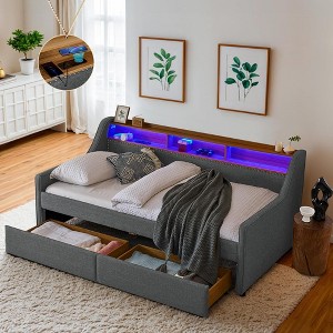 QingMoon Twin Upholstered Sofa Bed, Linen Daybed Frame with Adjustable Storage Headboard, Wireless Charging Station and Drawers for Bedroom - 1 of 4