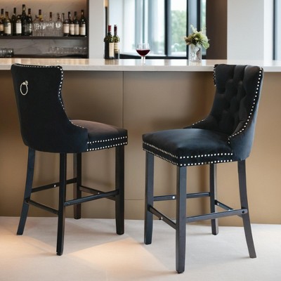 Counter Height Bar Stools Set of 2, Velvet Upholstered Dining Chairs with Nailhead Trim, Wooden Legs, Button Tufted Decor - Leovsnove