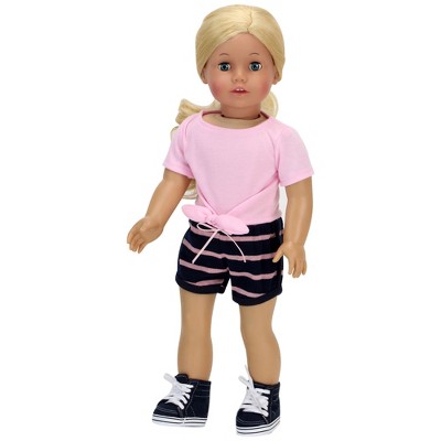 Sophia’s 2 Piece Summer Outfit with Tie Front Tee and Striped Shorts for 18" Dolls, Pink/Navy