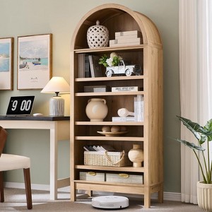 SinCiDo Arched Bookshelf, Modern Farmhouse Bookshelf Storage Cabinet w/Adjustable Shelves, Wood Bookshelf w/Open Display Shelf for Home Office - 1 of 4