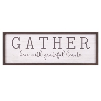 13" x 37" Gather with Grateful Hearts Rustic Wood Framed Wall Art White - Patton Wall Decor