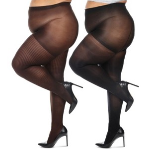 Memoi Women's Curvy 2 Pair Pack Flat Knit and Rib Control Top Tights - 1 of 4