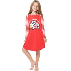 Looney Tunes Girls Christmas Pajamas Tweety Bird Sylvester Cat Pajama Nightgown - 1 of 3