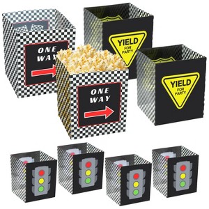 4E's Novelty 8 Pack Racing Theme Bucket Centerpiece – Race Car Birthday Party Decorations, Popcorn Treat Boxes, Checkered Box Snack Holders for Kids - 1 of 4