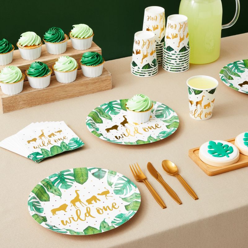 Sparkle and Bash 144 Piece Wild One Party Supplies for First Birthday Decorations, Jungle Safari Theme with Plates, Napkins, Cups, Cutlery (Serves 24), 2 of 9