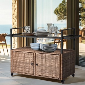 DOMETOUR Outdoor Bar Cart Table, Large Wicker Island Rolling Cart, Wheeled Buffet Serving Cart with Glass Top & Storage Cabinet & Handles - 1 of 4