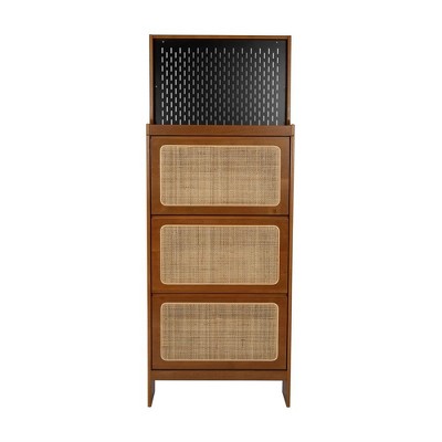 Entryway Rattan Shoe Cabinet, Modern Hidden Narrow Shoe Cabinet with 3 Flip Drawers, Pegboard, Free Standing Wood Shoe Rack for Hallway, Living Room