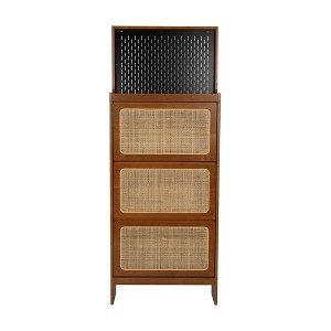 Entryway Rattan Shoe Cabinet, Modern Hidden Narrow Shoe Cabinet with 3 Flip Drawers, Pegboard, Free Standing Wood Shoe Rack for Hallway, Living Room - 1 of 4