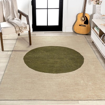 Ivory and Olive Geometric Washable Synthetic Area Rug