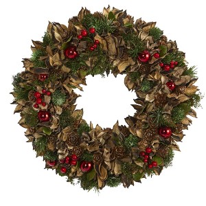 Nearly Natural 15” Holiday Artificial Wreath with Pine Cones and Ornaments - 1 of 4