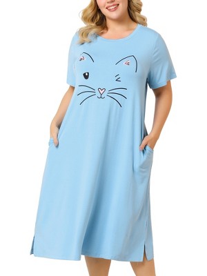 Agnes Orinda Women's Plus Size Soft Knit Cute Cat Print Short Sleeve Split Hem Pockets Midi Sleep Shirts Nightgowns