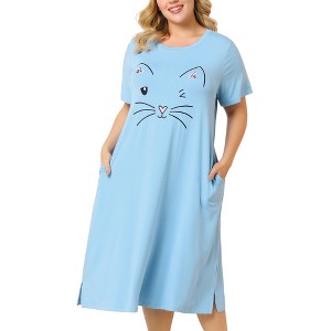 Agnes Orinda Women's Plus Size Soft Knit Cute Cat Print Short Sleeve Split Hem Pockets Midi Sleep Shirts Nightgowns - 1 of 4